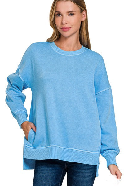 Deep Sky Pigment Dyed Hi-Low Hem Fleece Pullover Top with Pockets