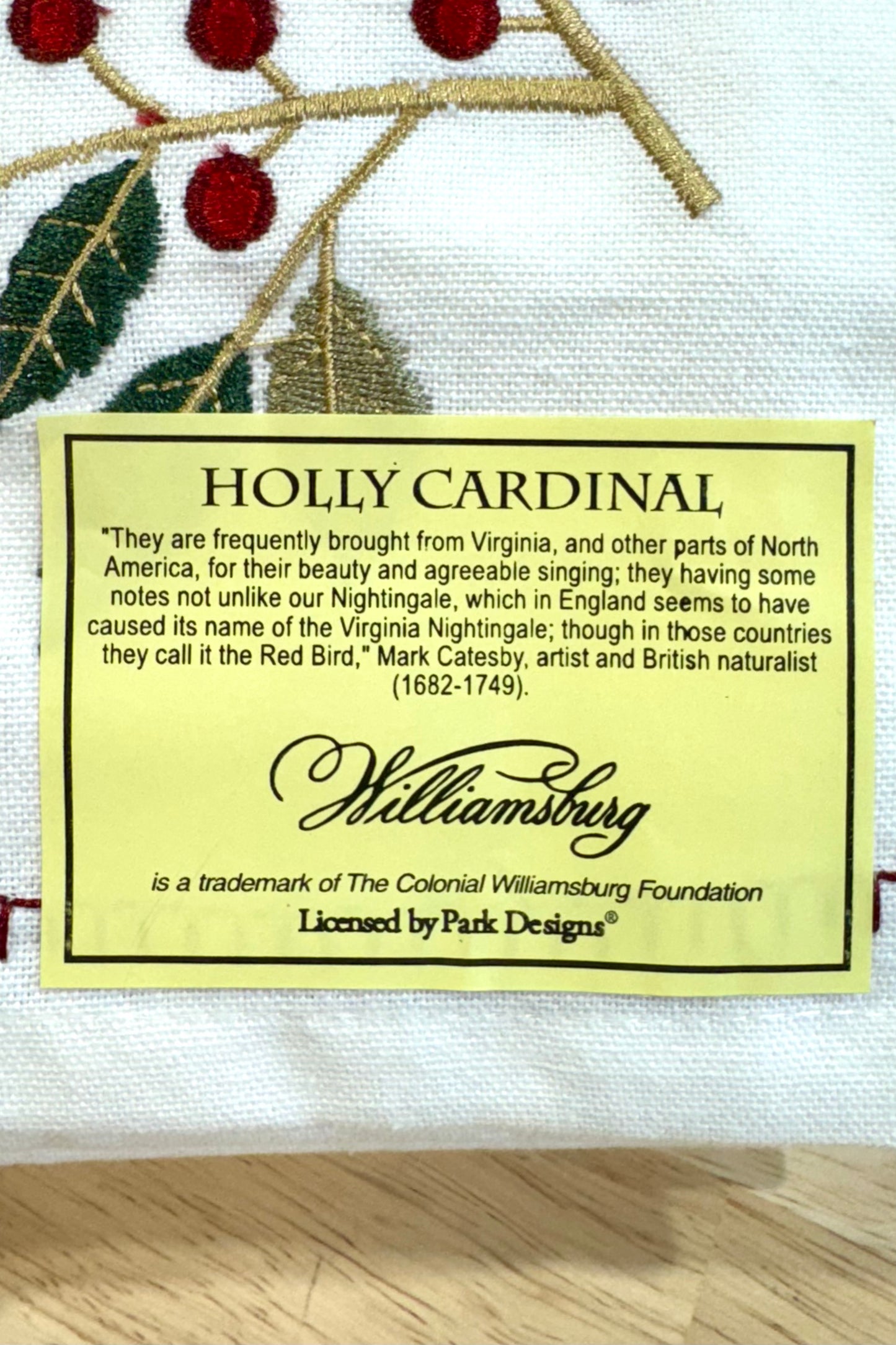 Williamsburg Holly Cardinal Embroidered Dishtowel