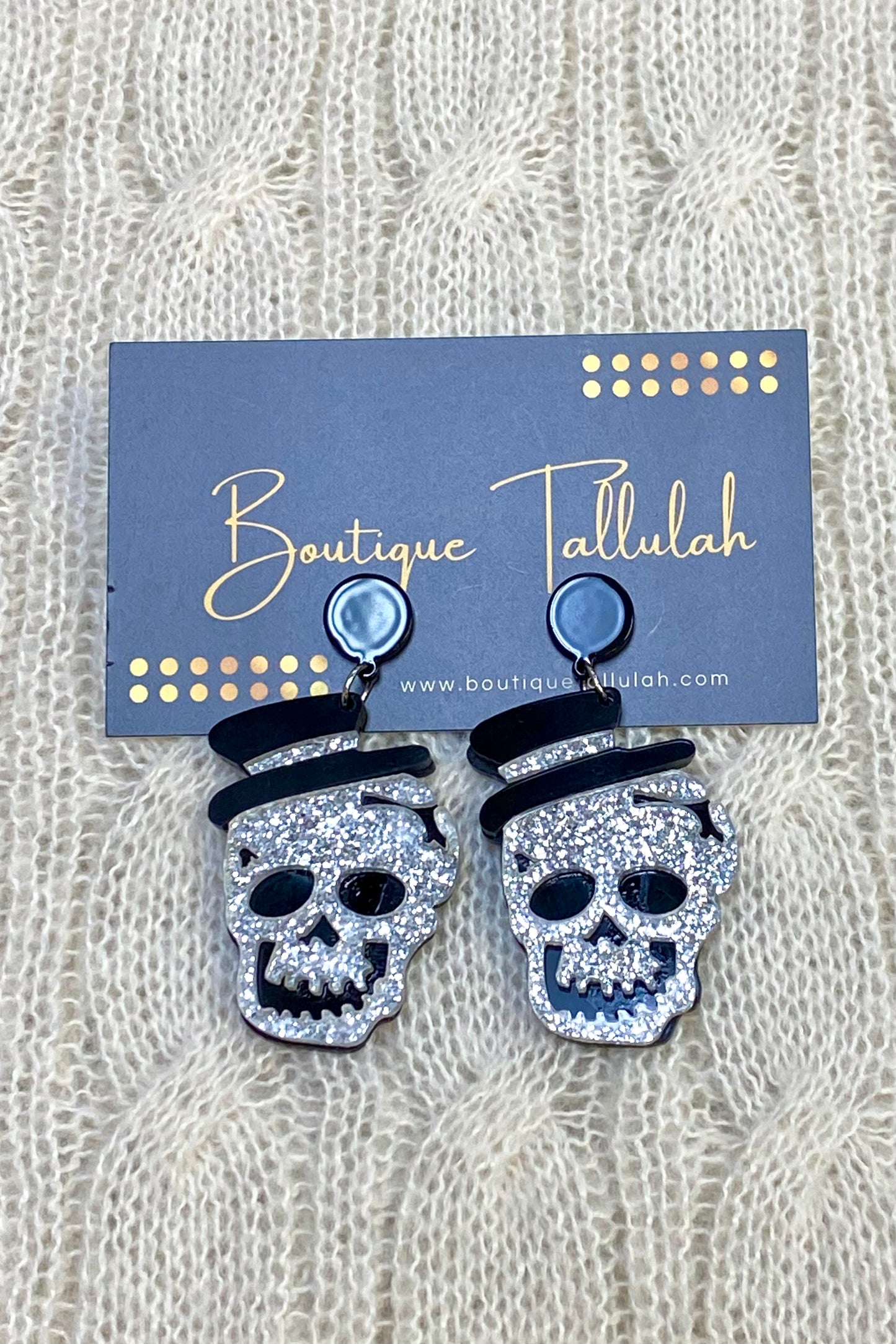 Skullie Silver Glitter Acrylic Dangle Earrings