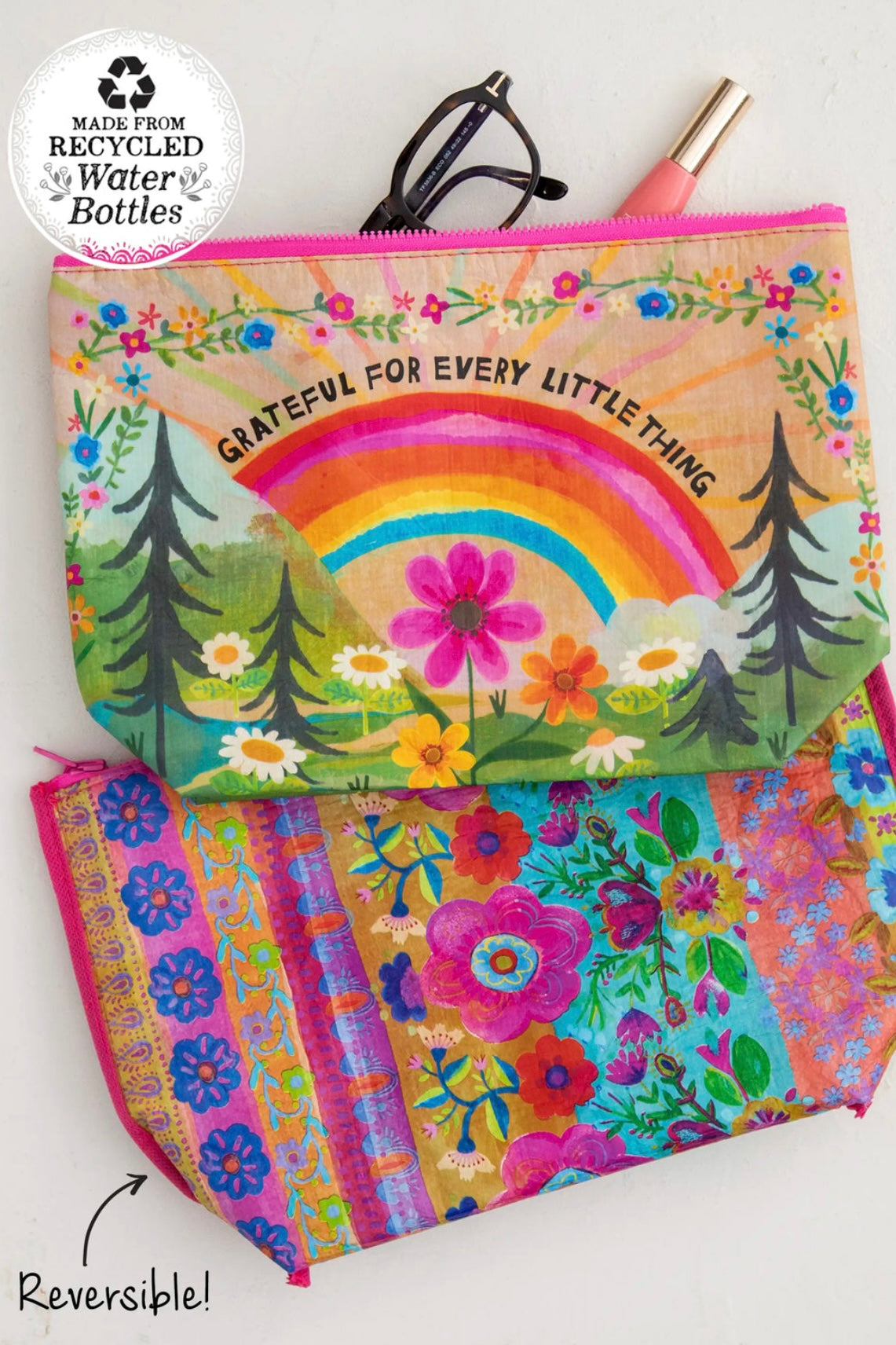 Natural Life Reversible Recycled Zippered Pouch- Grateful For Everything