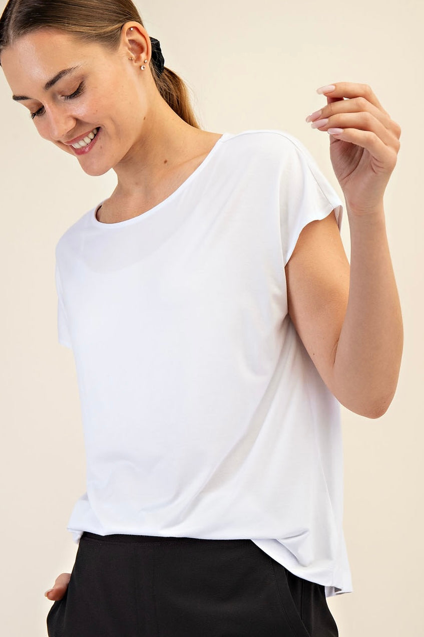 White Viscose Modal Short Sleeve Boatneck Top