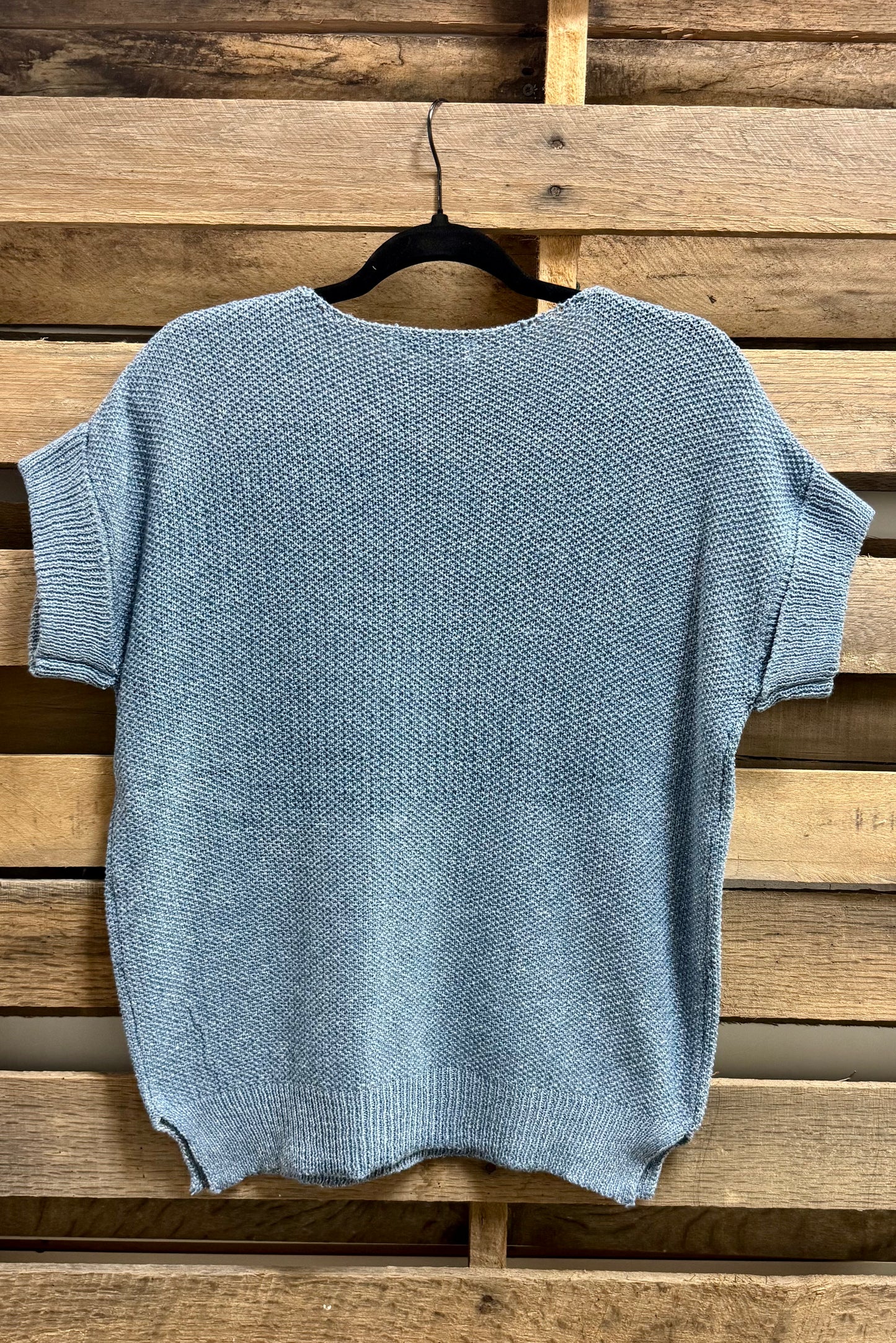 Dusty Blue Short Cuffed Sleeve Lightweight Sweater Top