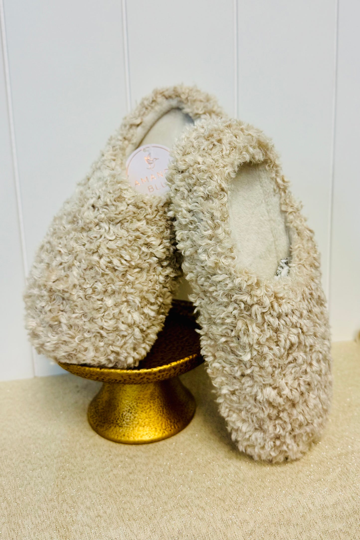 Oatmeal Curly Fur Slipper Slides by Amanda Blu