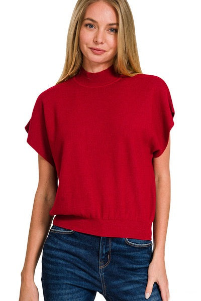 Red Mock Neck Short Dolman Sleeve Lightweight Sweater Top