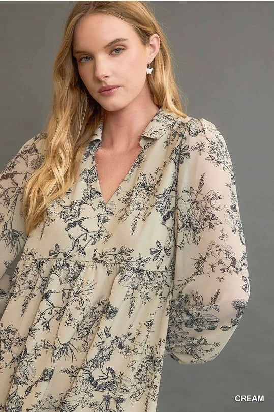 Cream Floral Long Sleeve Mini Dress