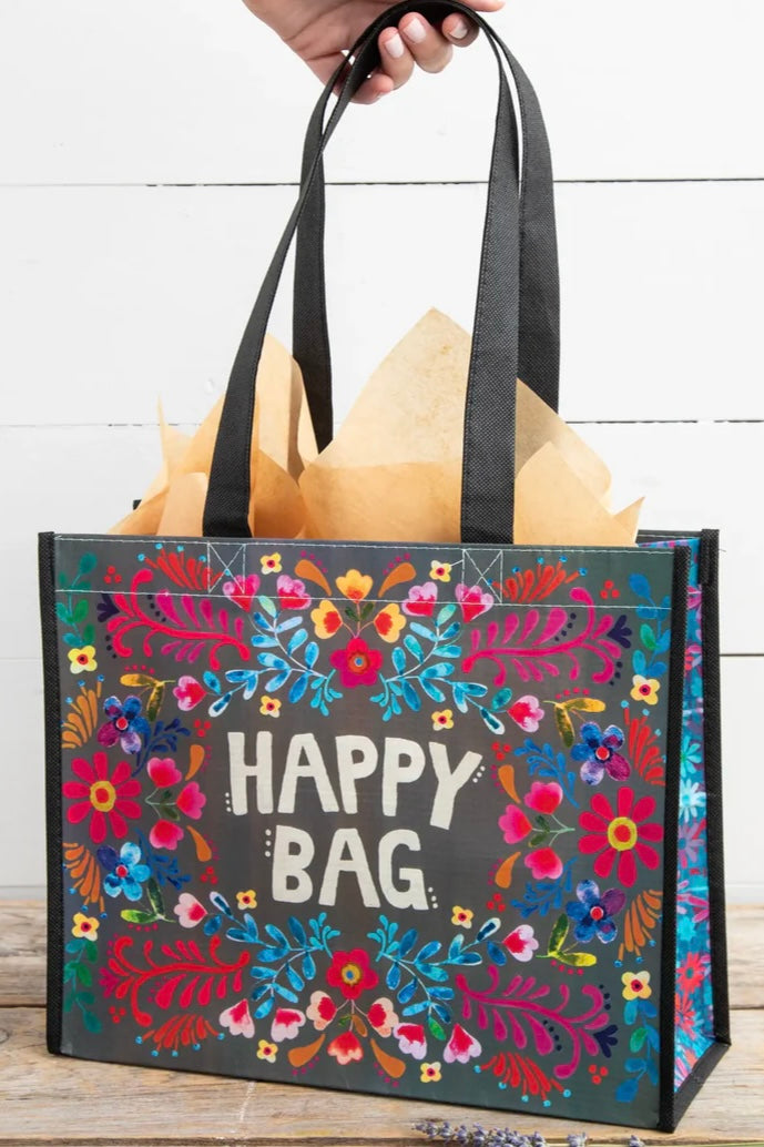 Medium Natural Life Black Floral Happy Bag