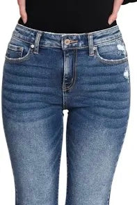 High Rise Super Stretch Kick Flare Distressed Jean in Dark Denim