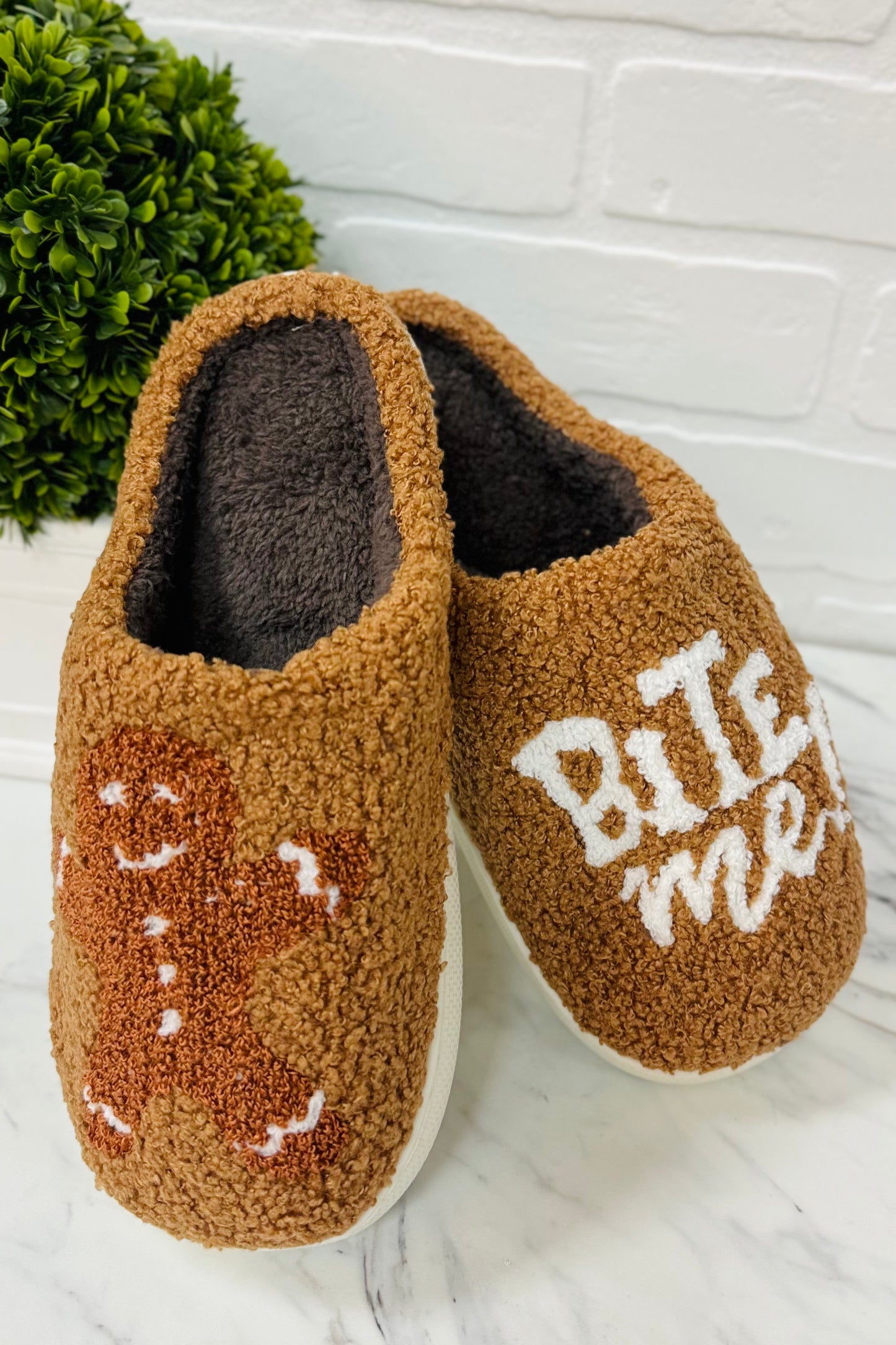 HALF PRICE IN THE CART! Bite Me Gingerbread Man Super Fuzzy Slipper Slides by Two Left Feet