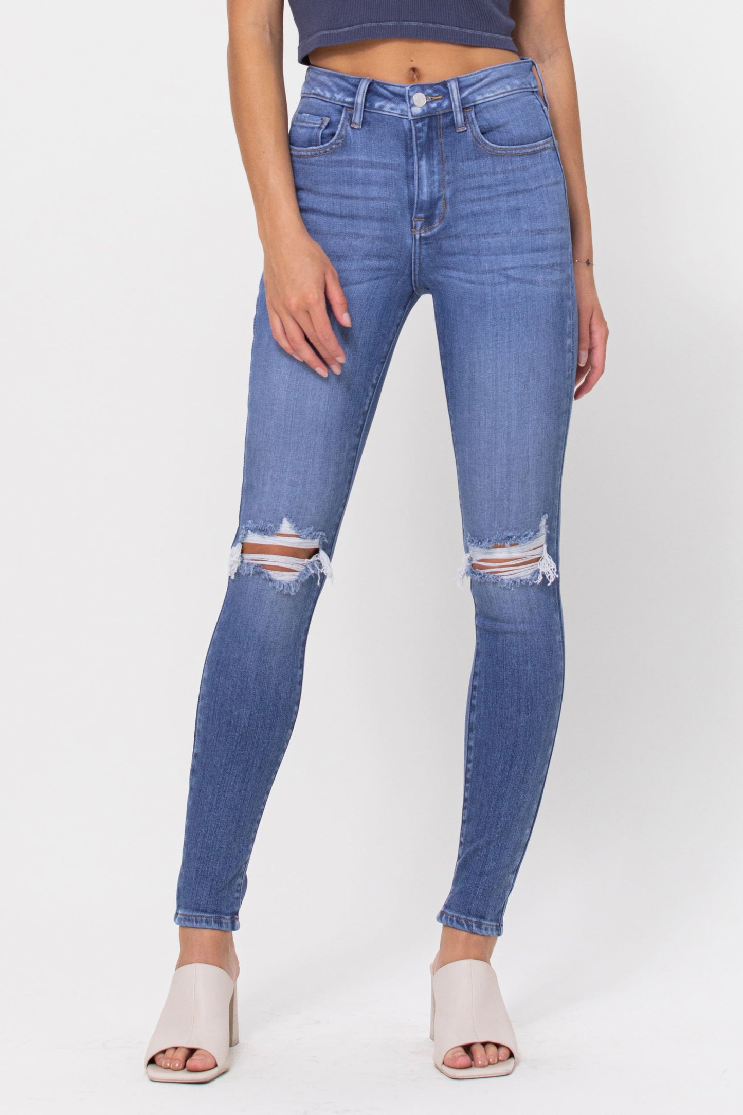 Cello High Rise Distressed Crop Skinny Jeans in Medium Denim