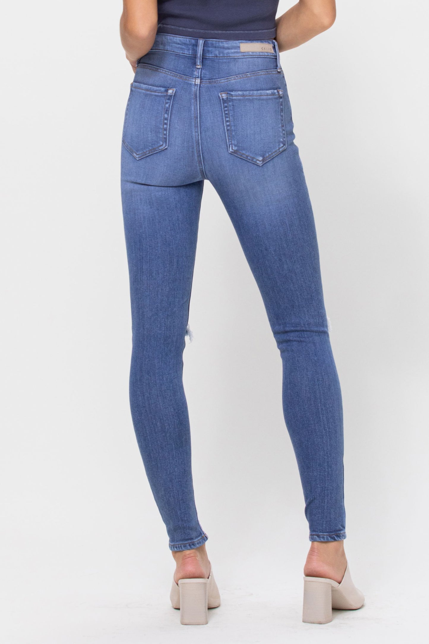 Cello High Rise Distressed Crop Skinny Jeans in Medium Denim