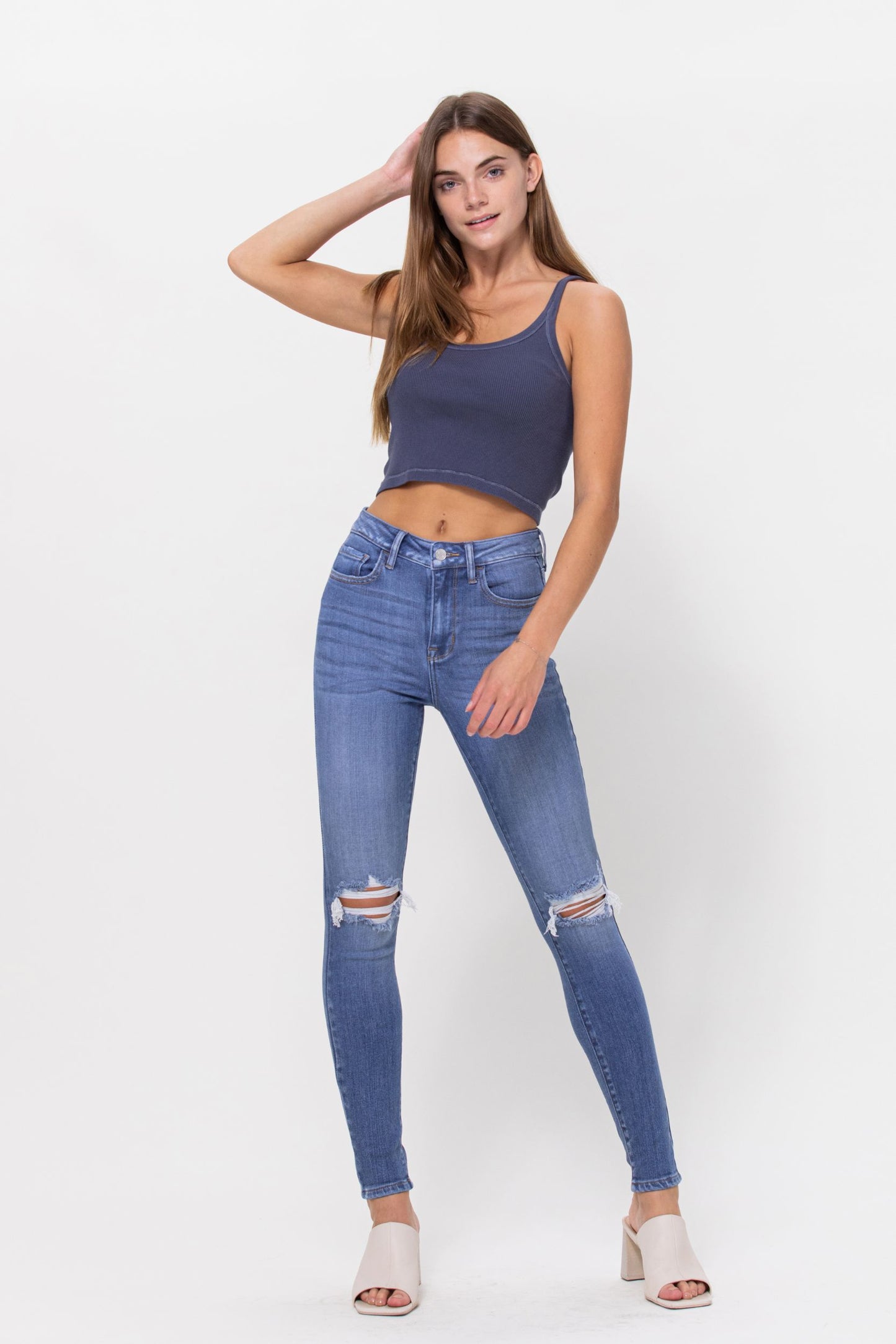 Cello High Rise Distressed Crop Skinny Jeans in Medium Denim