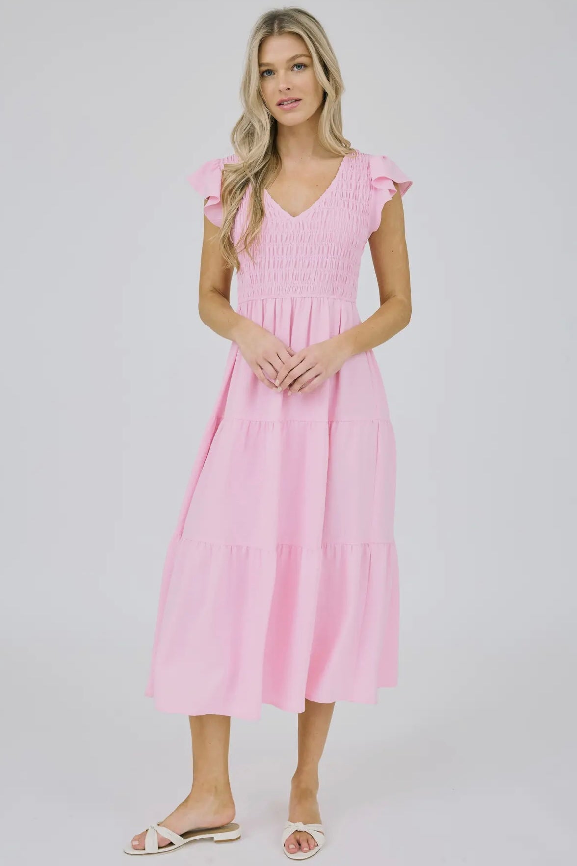 Light Pink Flutter Sleeve Smocked Tiered Midi Dress
