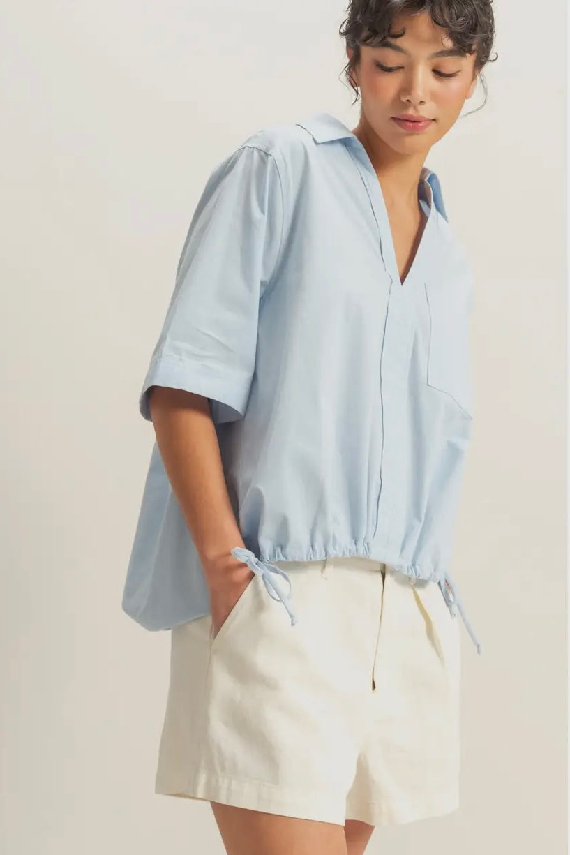 Crisp Cotton V Neck Top with Side Ties in Light Blue