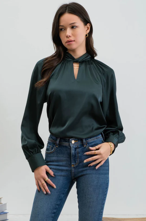 SALE! $15 Hunter Green Satin Blouse with Twisted Keyhole Neckline REG. $29.99