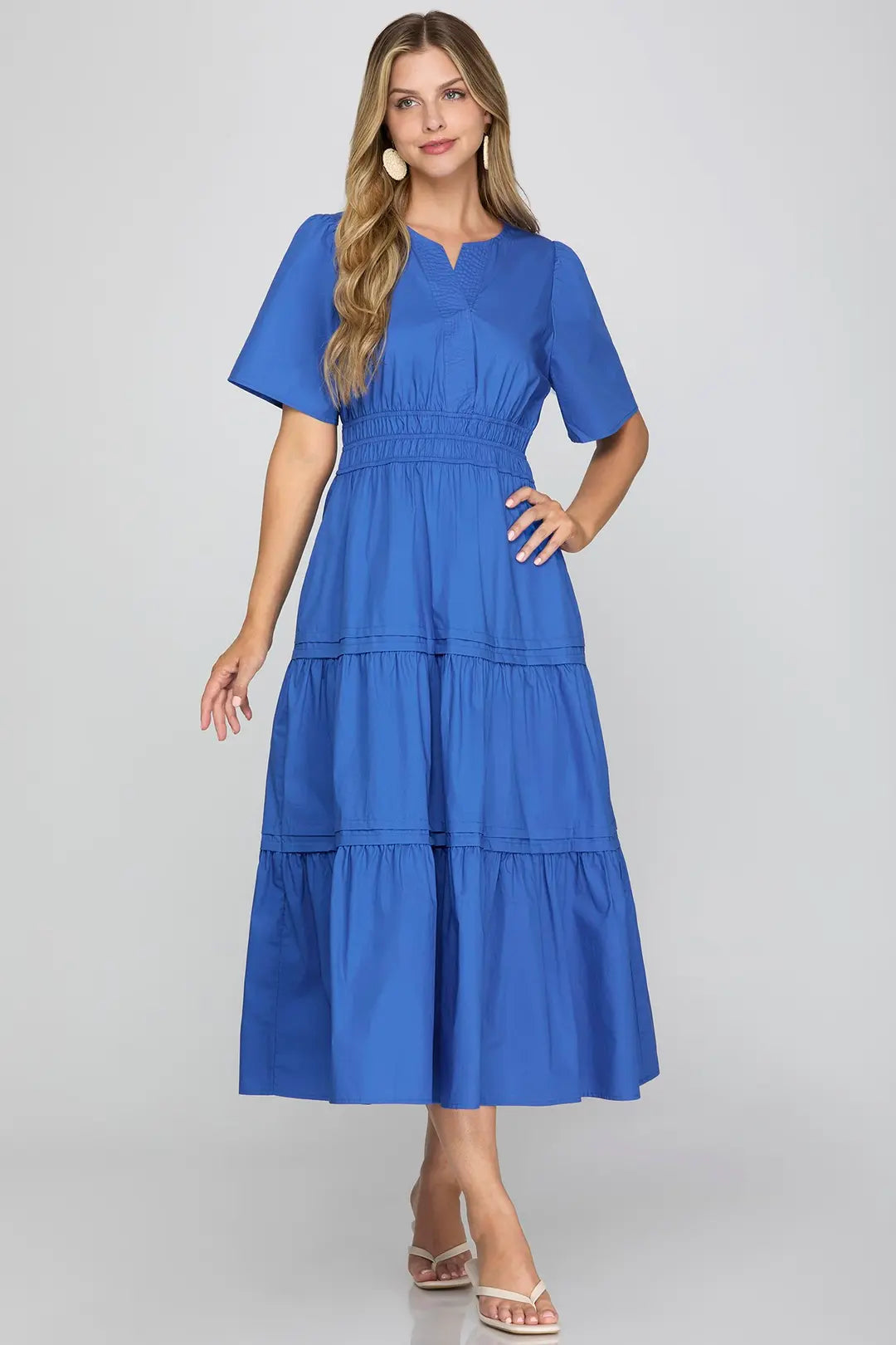 She + Sky Cobalt Blue Short Sleeve Tiered Midi Dress Medium