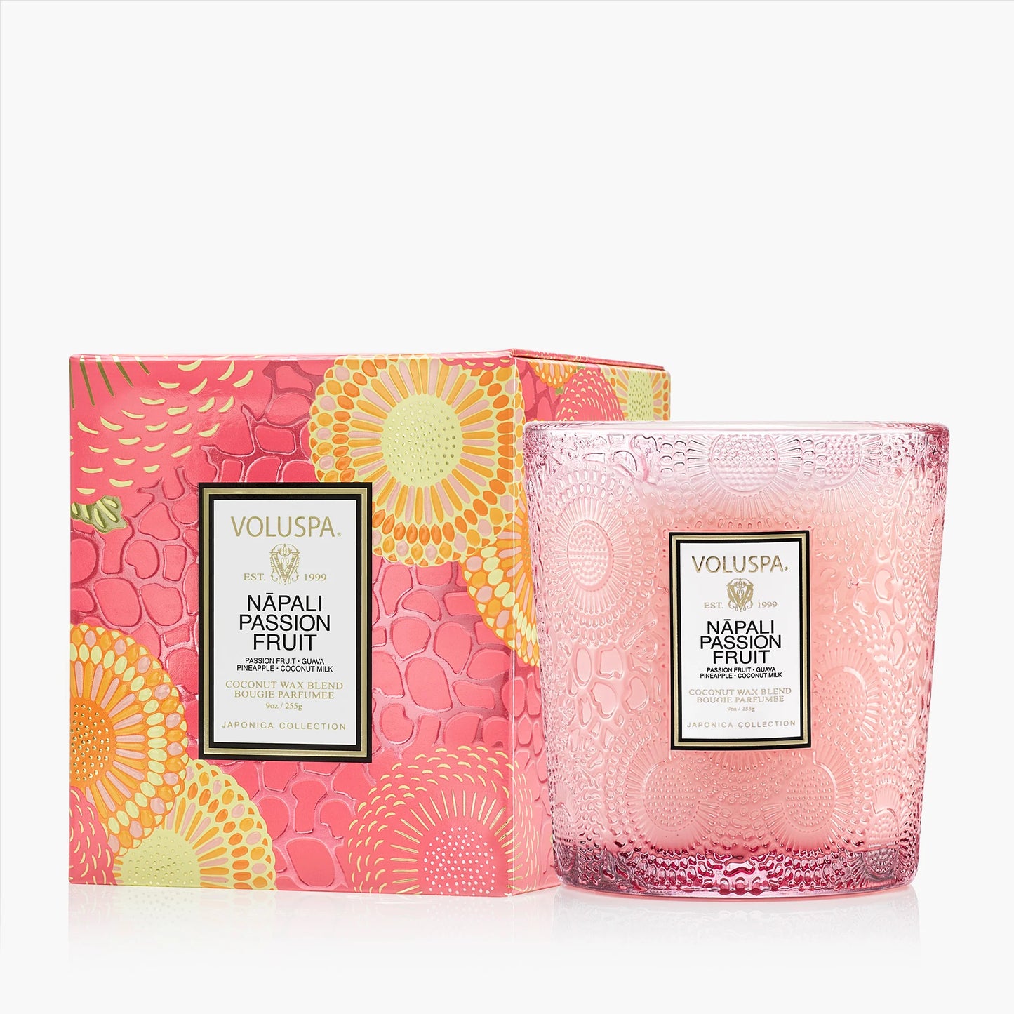 Voluspa Nápaló Passion Fruit candle and packaging on a white background