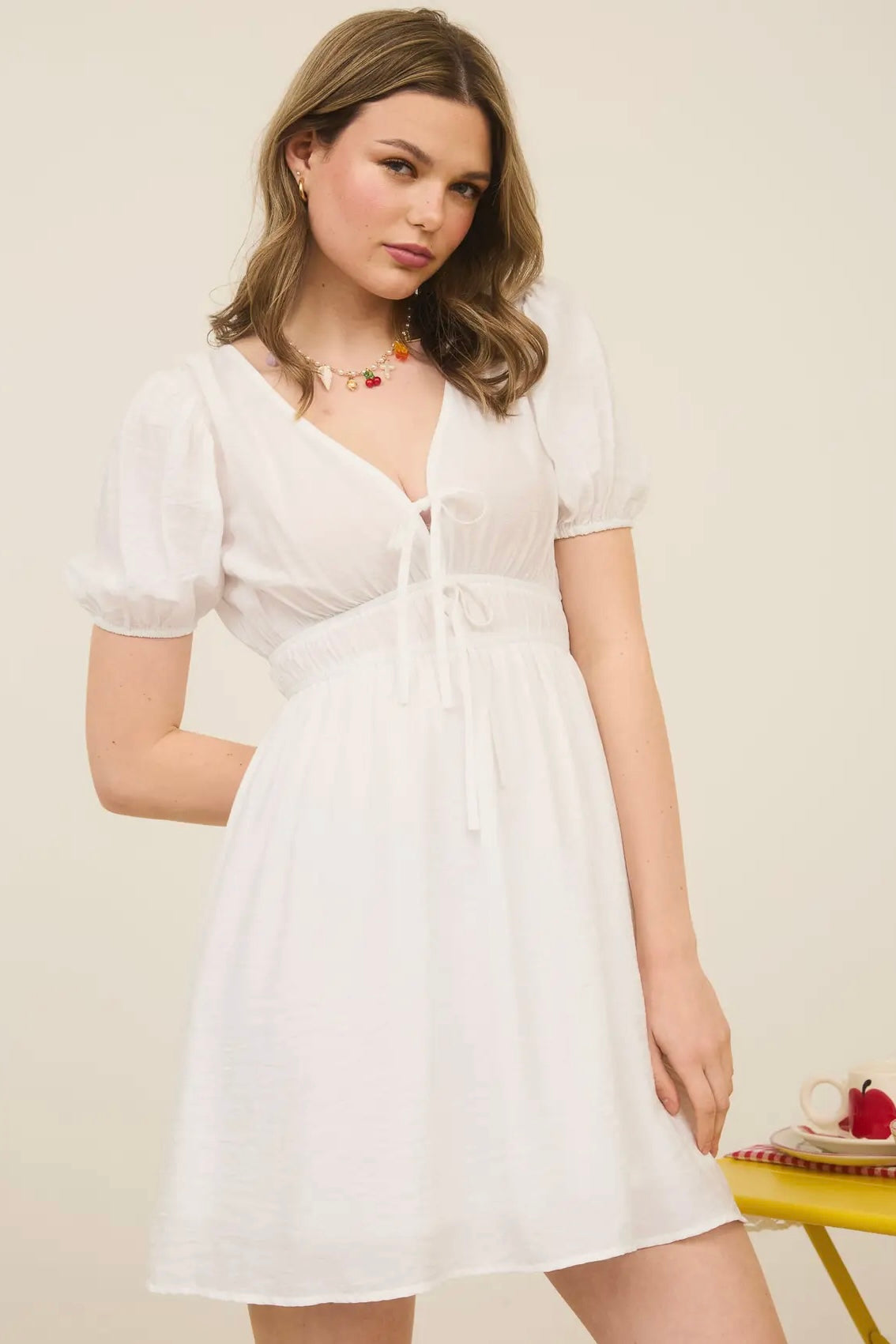 Puff Sleeve Lace Trim Mini Dress - White Large Puff Sleeve Lace Trim Mini Dress - White Large