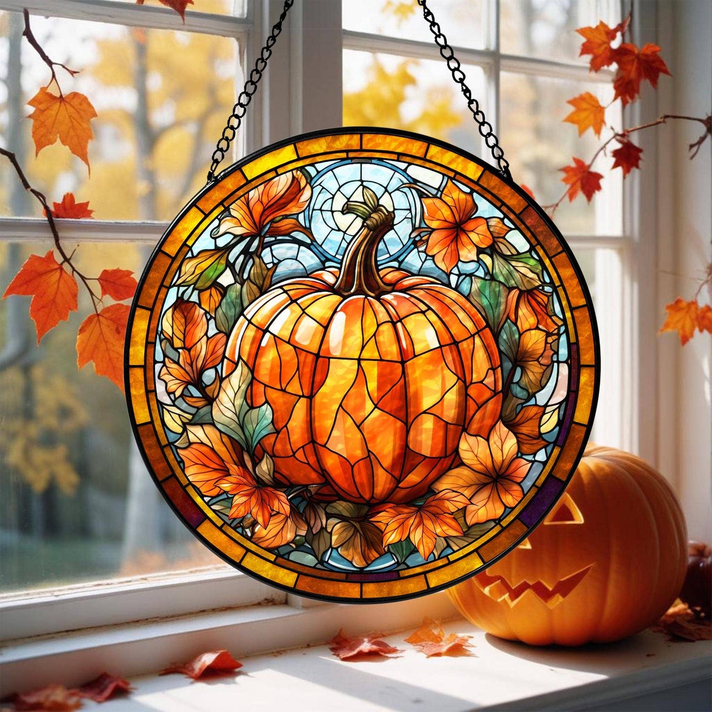 Halloween Stained Glass Suncatcher, Pumpkin Window Hanging: 9.8in
