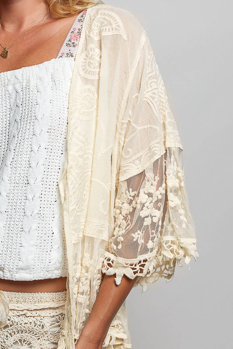POL 1/2 Sleeve Lace Ruffle Trim Crochet Cardigan in Natural