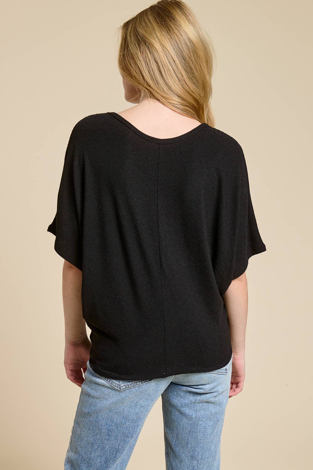 Charlotte Avery Black Centerline Short Sleeve Batwing Top