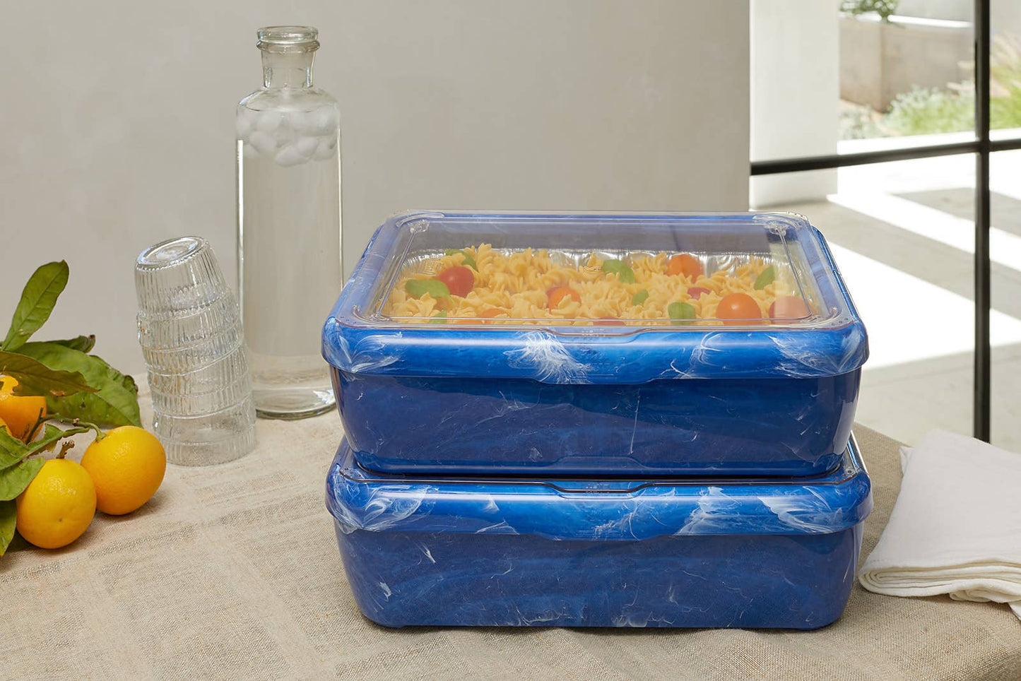 Fancy Panz Blue Marble Premium Set - Pan Frame with Lid, Hot/Cold Gel Pack, and Serving Spoon