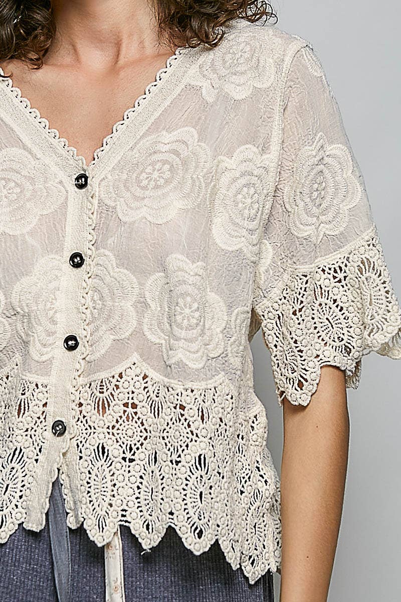 POL Crochet Trim Neckline Short Sleeve Top in Natural- One Size