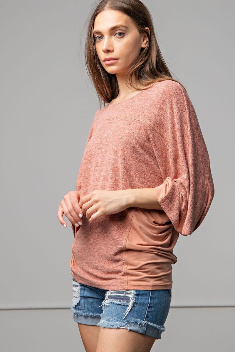 Easel Faded Coral Brushed Hacci Pullover Top