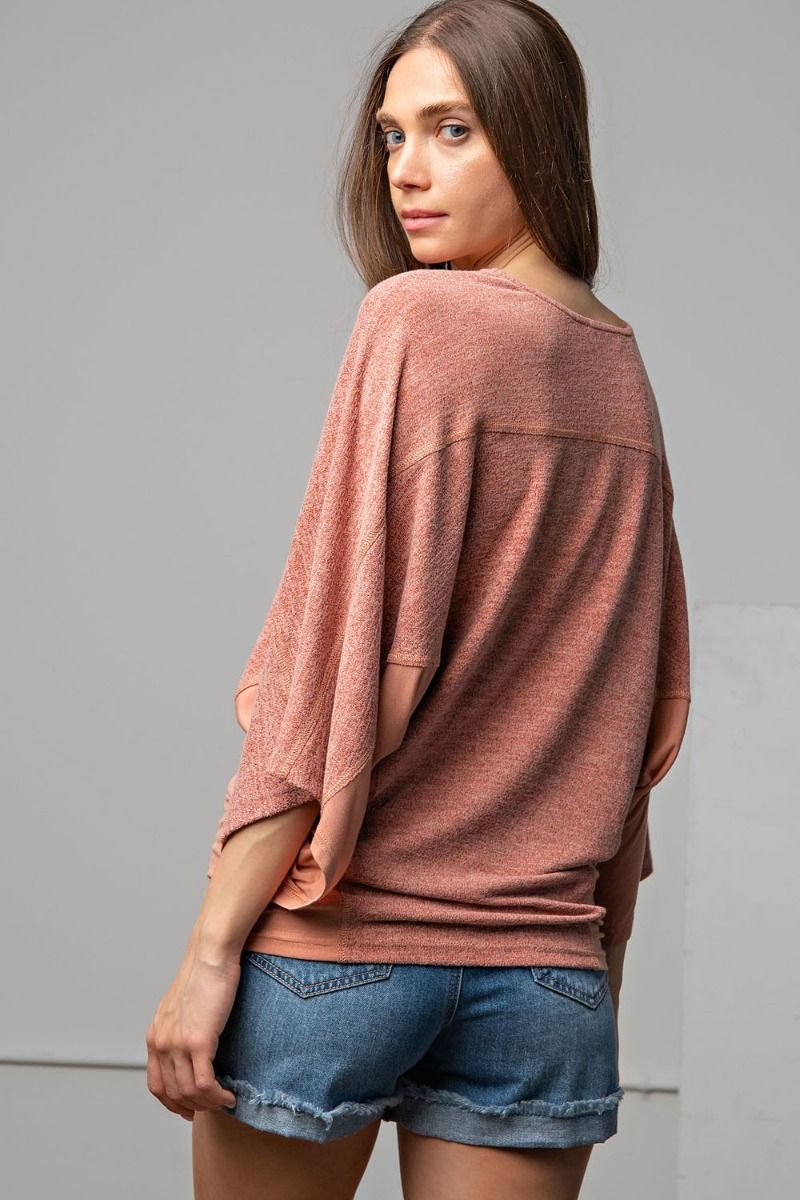 Easel Faded Coral Brushed Hacci Pullover Top