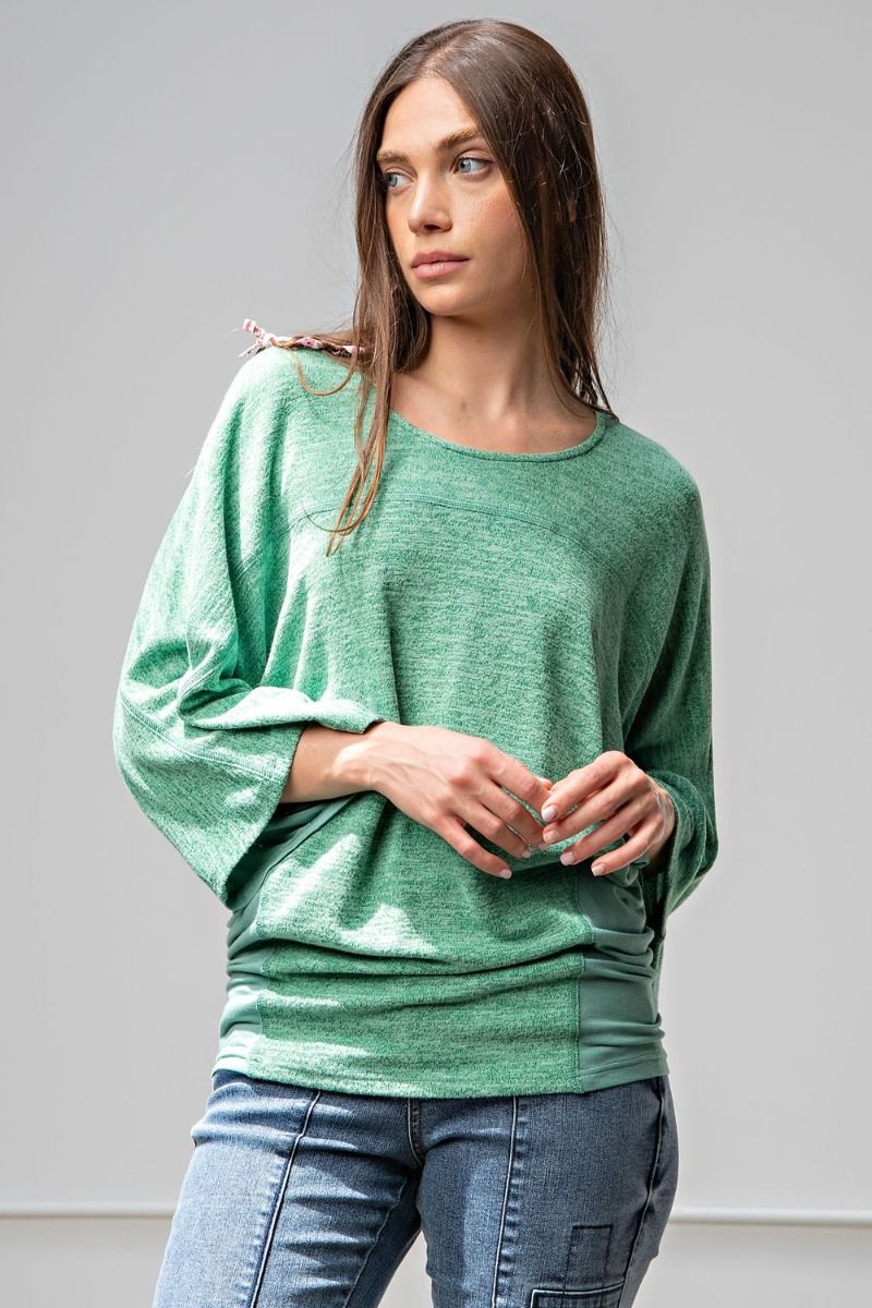 Easel Green Brushed Hacci Pullover Top