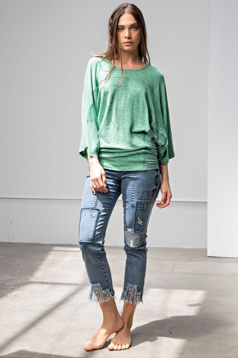 Easel Green Brushed Hacci Pullover Top