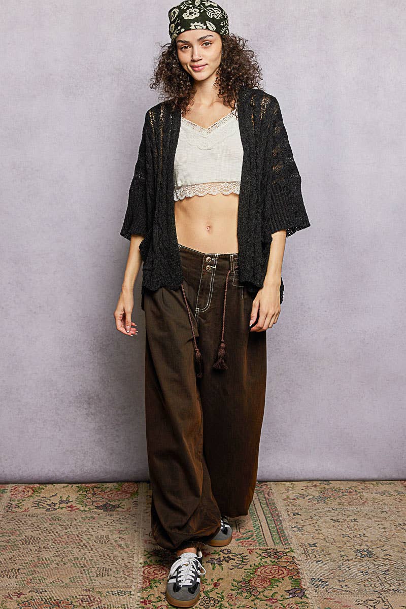 Black POL Short Sleeve Cable Acrylic Thin Sweater Cardigan