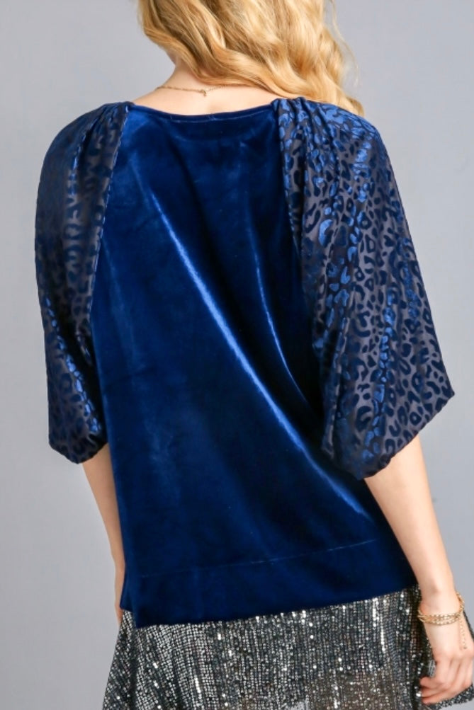 SALE$22 Navy Velvet Round Neck Top with Elbow Length Animal Print Sleeve-reg. $43-$46