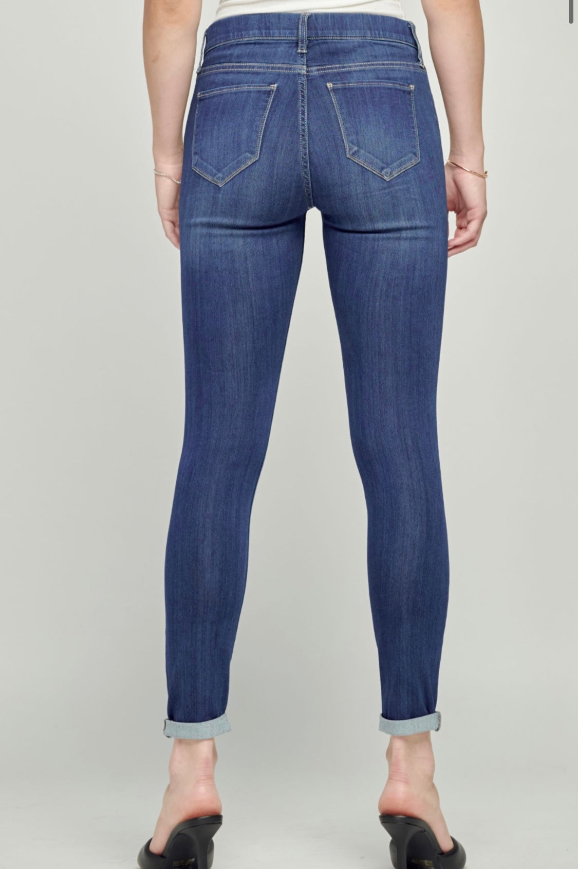 Cello Medium Denim Mid Rise Pull On Cropped Skinny with Rolled Hem