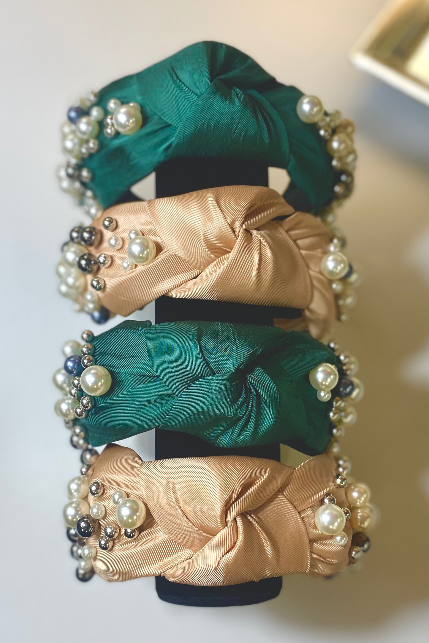 Pearl Embellished Top-Knot Headband in Emerald or Peach