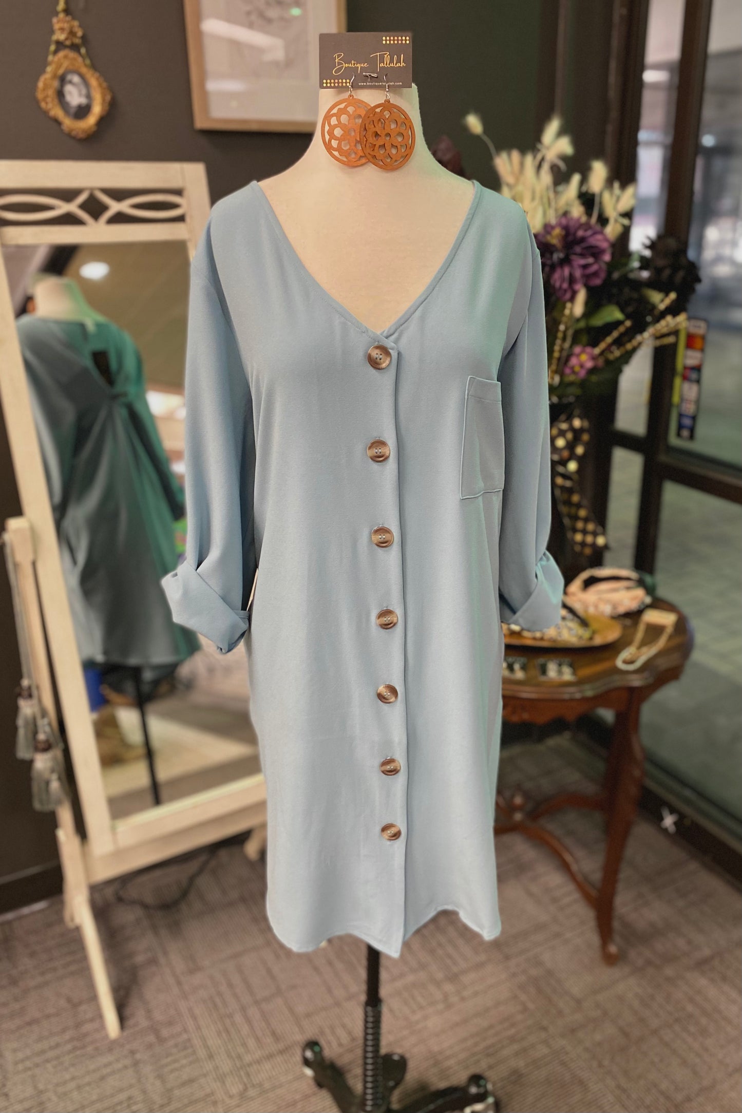 SALE! $15 Plus Blue Gray Button Front Long Tunic Dress with 3/4 Sleeve- reg. $36.99