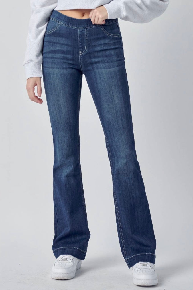 Cello Pull On Flare Jeans Petite Cello Dark Wash Pull On Flare