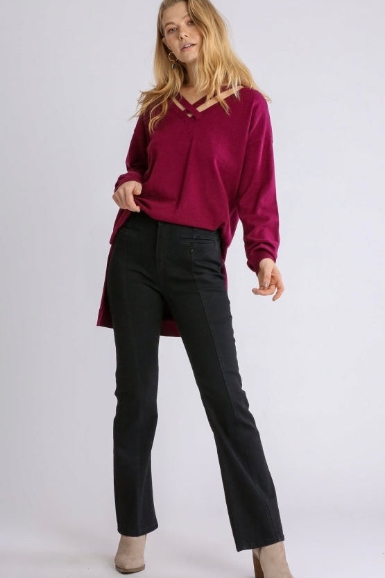 SALE! $24.99 Umgee Crisscross V Neck Oversized Sweater in Wine- reg. $36.99