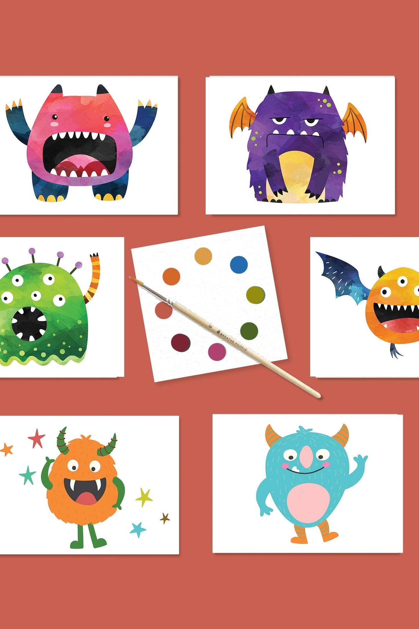 Breathe People Friendly Monsters Kids Watercolor Postcard Art Set