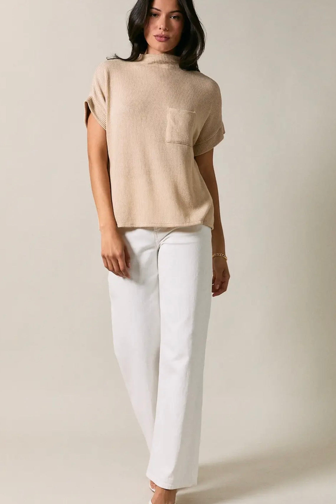 Gilli Mock Neck Short Sleeve Sweater- Taupe