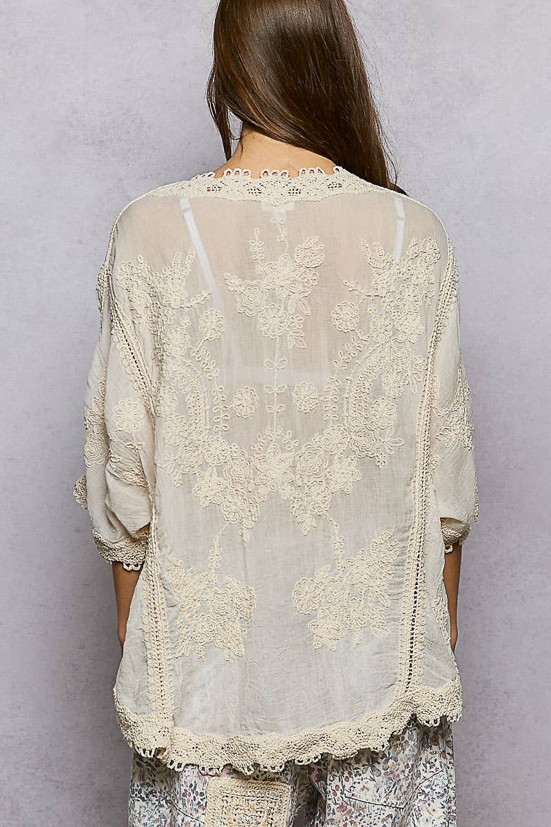 POL V-neck Short Sleeve Floral Embroidered Crochet Blouse- One Size