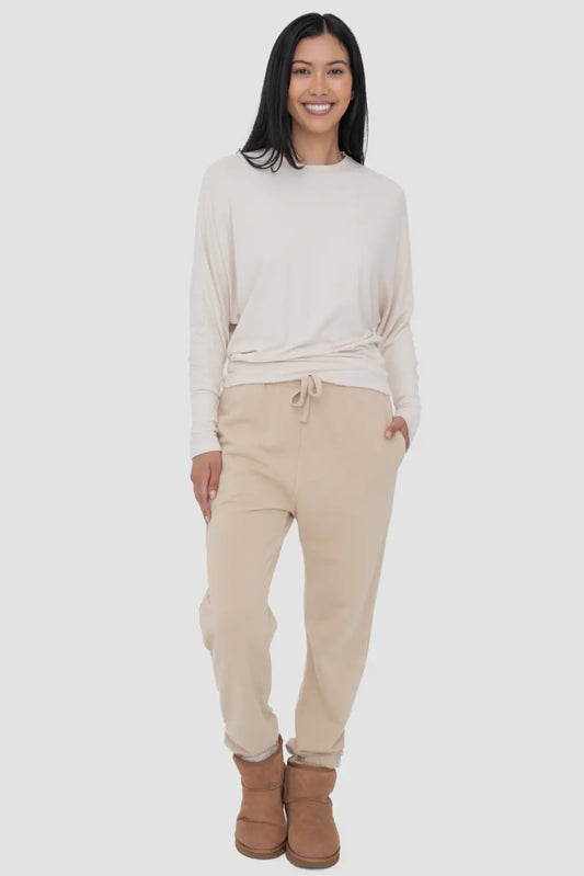 Beige Mineral Washed Billow Cuffed Ribbed Jogger Pants