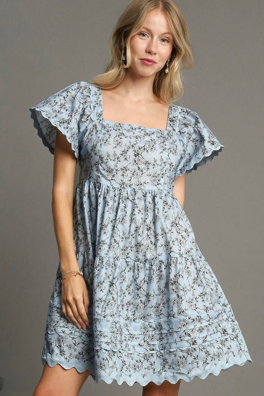 Umgee Light Blue Short Vintage Floral Dress with Flutter Sleeve
