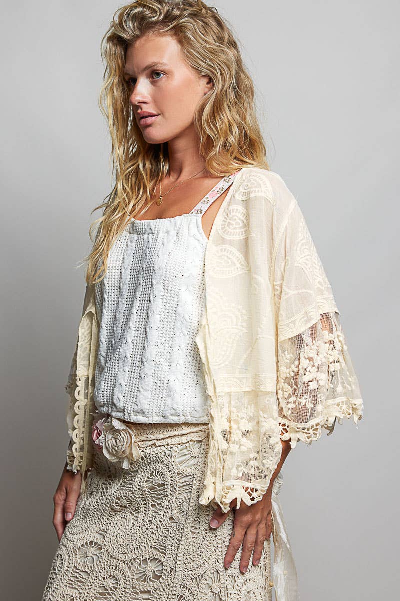 POL 1/2 Sleeve Lace Ruffle Trim Crochet Cardigan in Natural