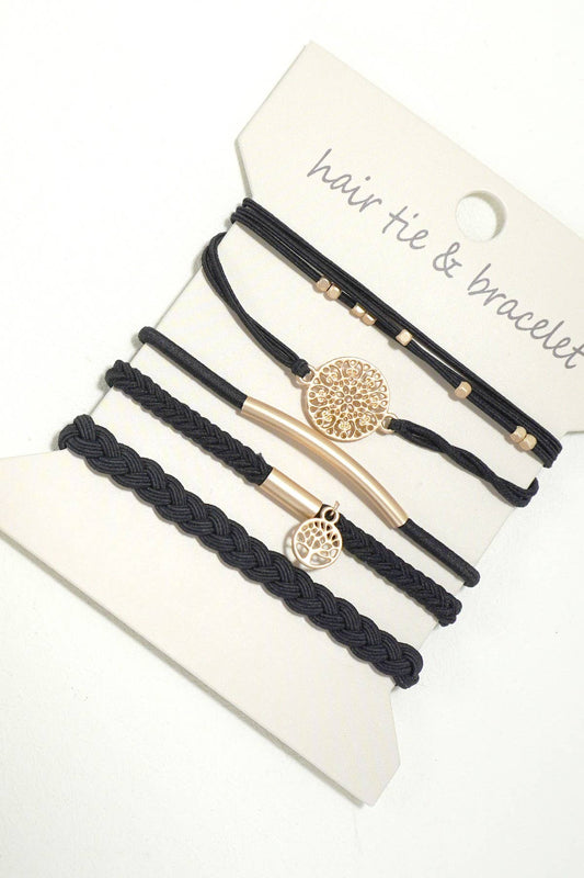 Boho Hair Tie Bracelet Set in Black and Gold