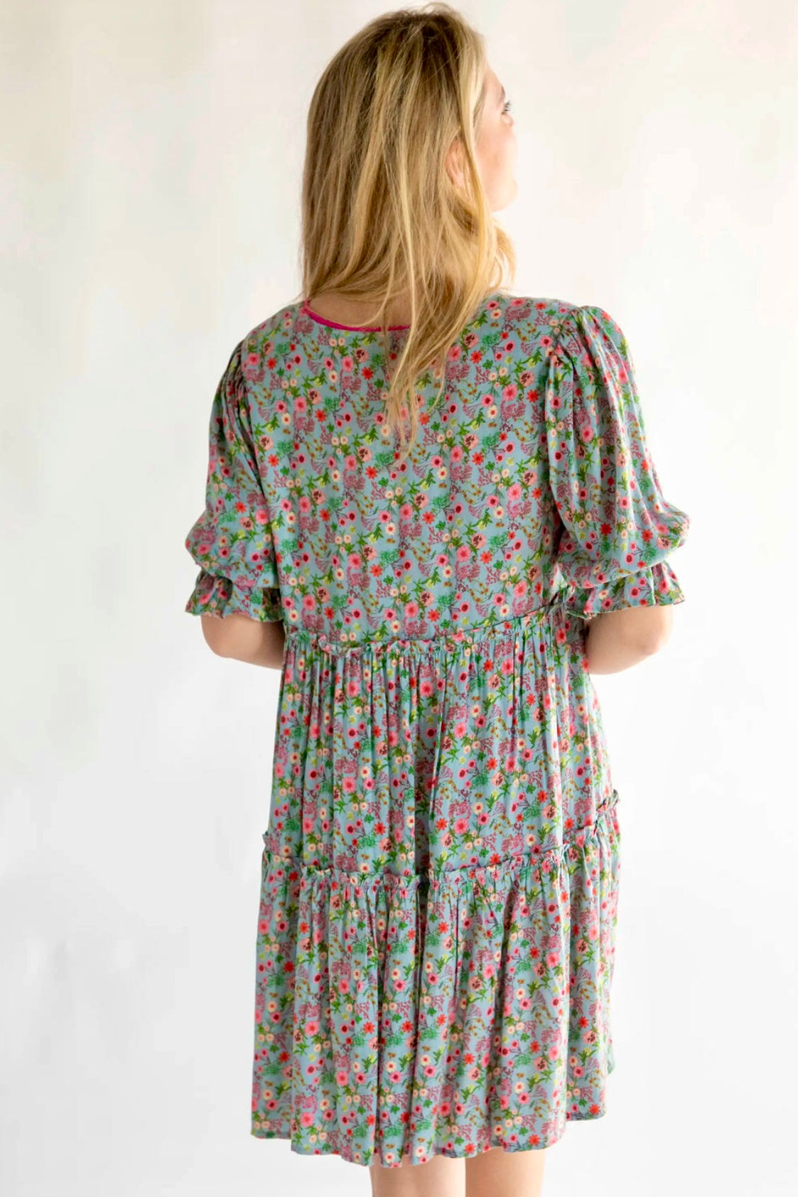 Natural Life Collette Short Dress Blue Pink Floral