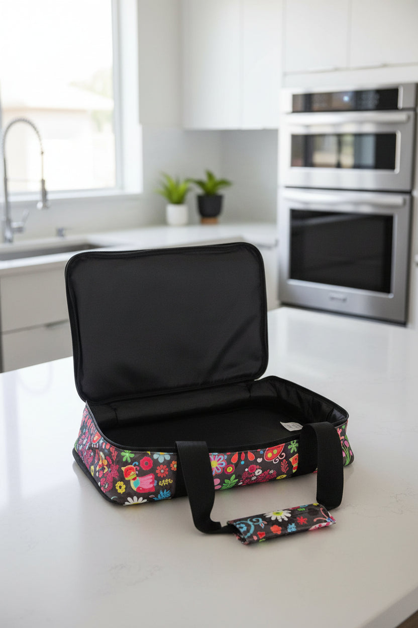floral patterned food carrier with black straps on a white background