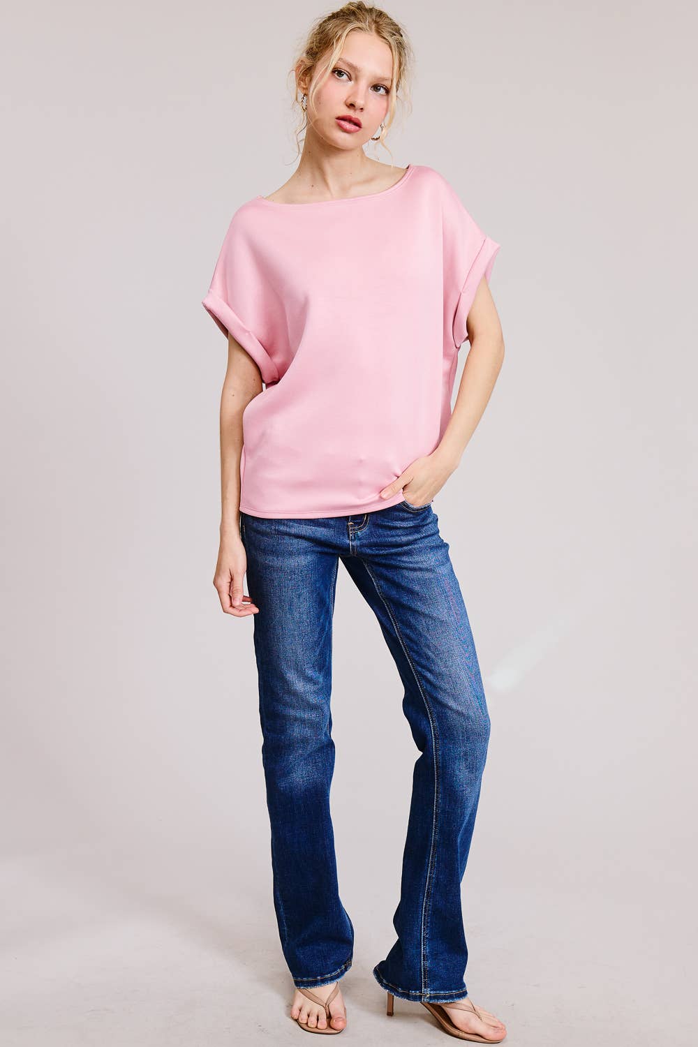 Charlotte Avery Light Pink Cuff Sleeve Dolman Scuba Top