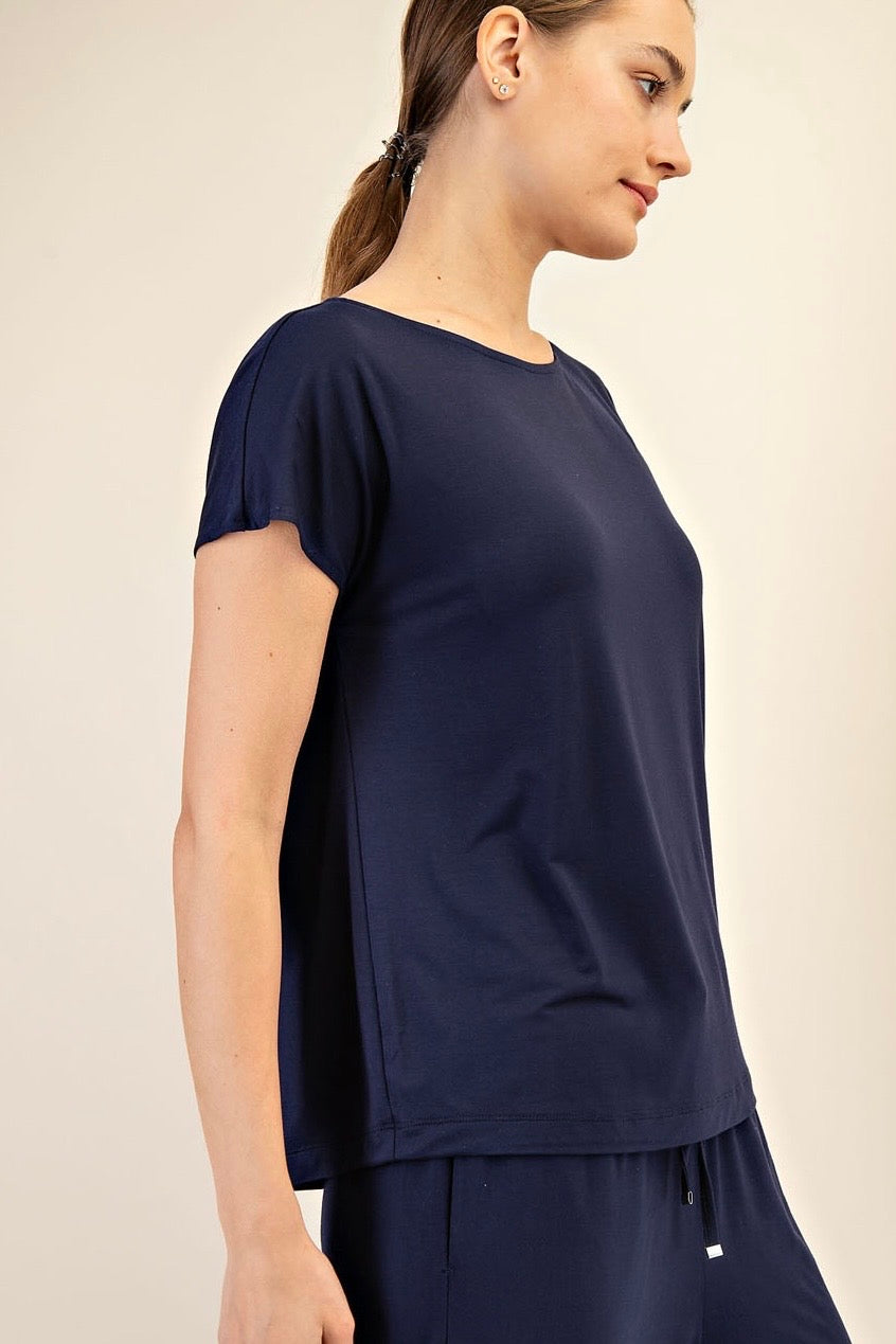 Black Viscose Modal Short Sleeve Boatneck Top