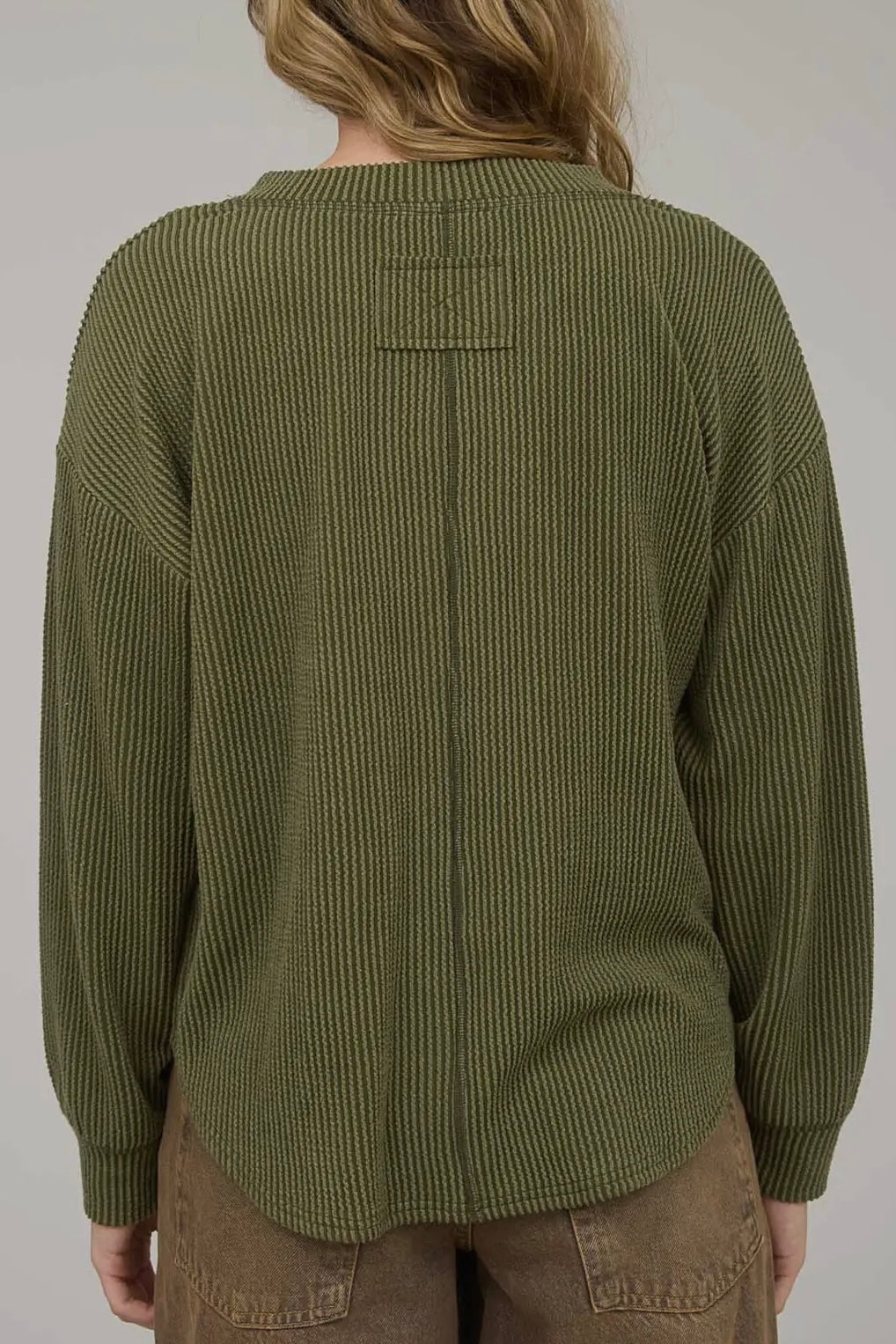 Olive Green Ribbed Mineral Washed Henley Top