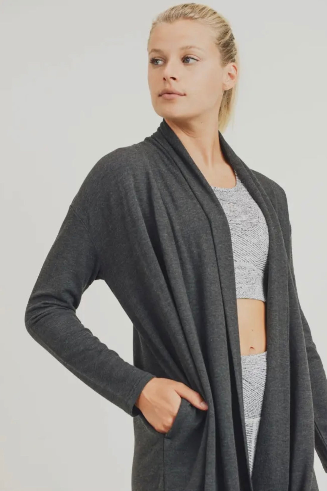 Heathered Black Open Front Cardigan with Back Yoke and Pockets